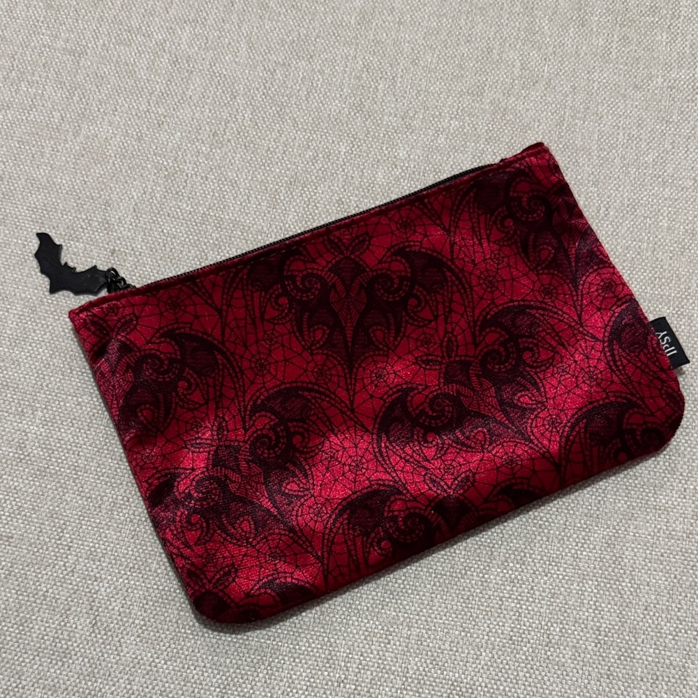 Like New Ipsy Makeup Bag-Red Velvety Spiderweb with Bat Zipper Pull